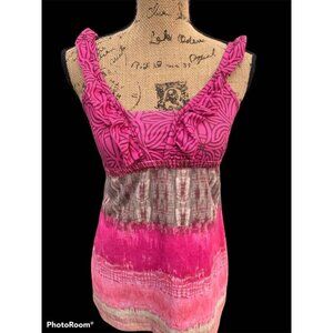 🌸3/$15🌸Pink and Brown Casual Tank Top, Ruffled Straps, Cinched Under Chest, S